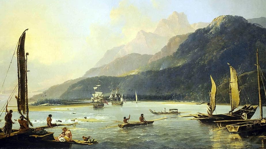 Painting James Cook arrives in Tahiti